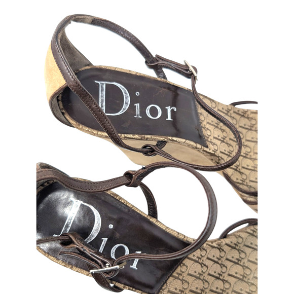 Christian Dior Monogram Strappy Wedge Sandals Brown Beige 39.5 - Picture 10 of 11